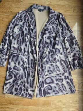 (L) Minkas Purple and Gold Patterned Women's Open Blazer Animal Print Eclectic